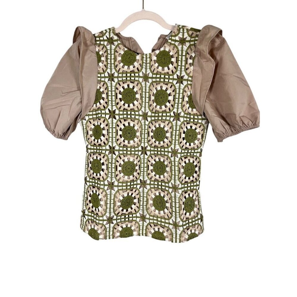 Retro Quilt Patchwork Crochet Dress Tan XL Boho Indie Folk Preppy Neutral 80s - Picture 2 of 11